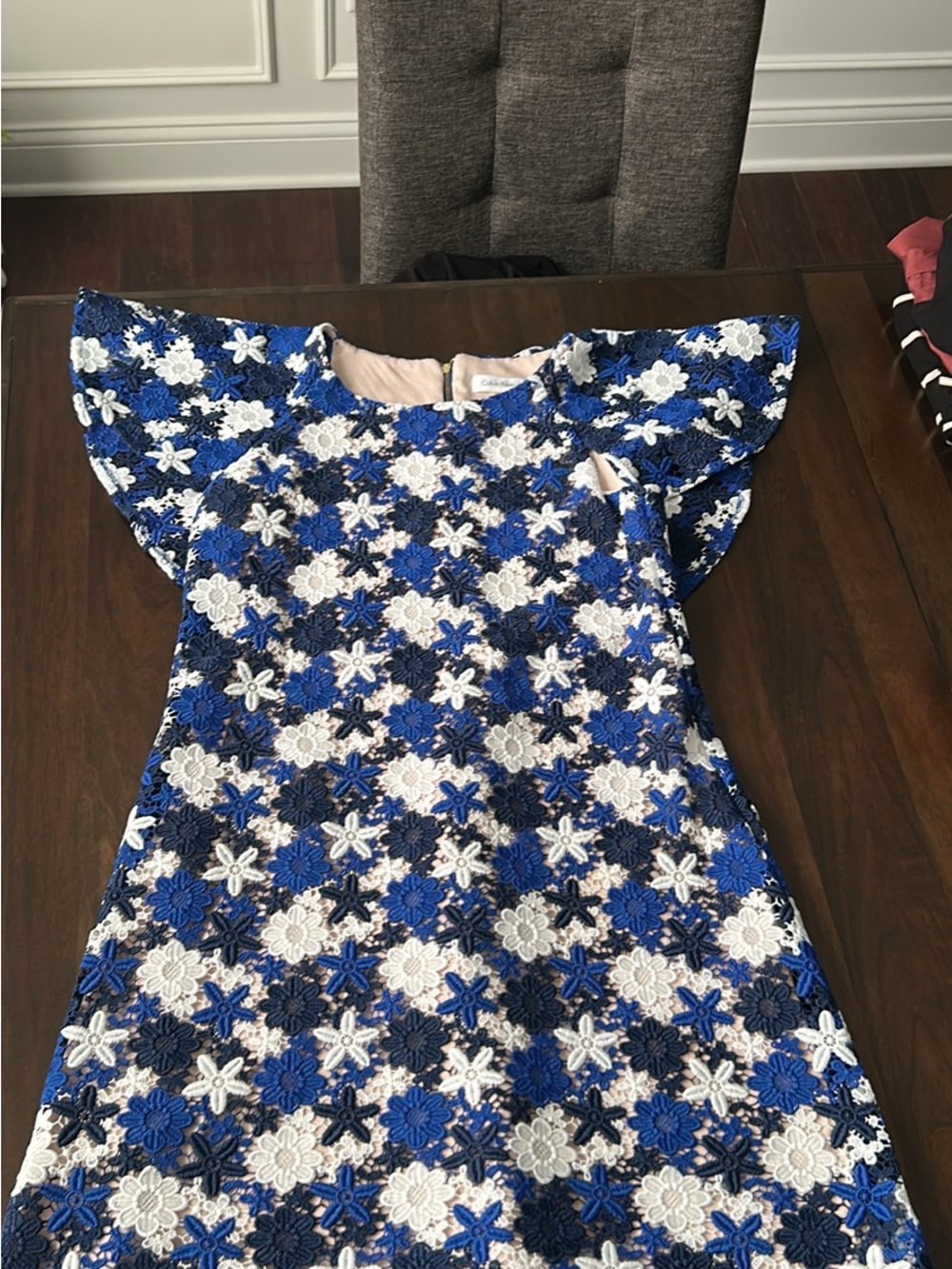 Blue & White Floral Lace Swing Dress by Calvin Klein